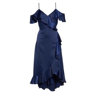 Maggy London Faux Wrap Satin Ruffle Dress